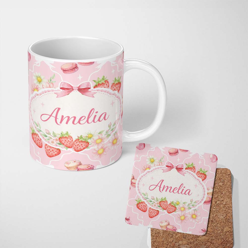 Personalized Custom Name Strawberry Cherry Daisy Seamless Pattern Blush Pink Cute Coquette 11oz Ceramic Coffee Tea Mug White Large Handle