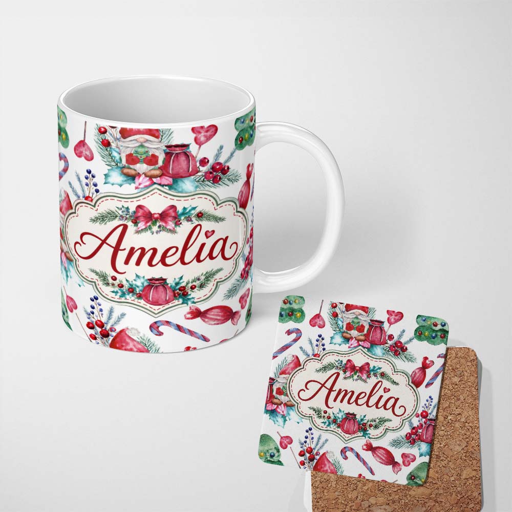 Personalized Custom Name Watercolor Christmas Gnome Candy Cane Tree Hearts Festive Seamless 11oz Ceramic Coffee Tea Mug White Large Handle