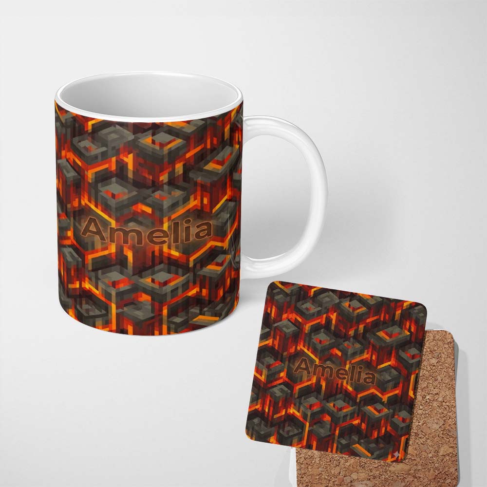 Personalized Custom Name Fiery Lava Cube Geometric Abstract Seamless Pattern Cute Unique Gift 11oz Ceramic Coffee Tea Mug White Large Handle