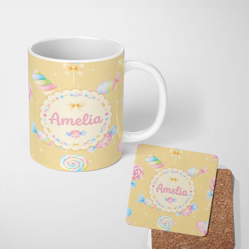 Personalized Custom Name Pastel Candy Sweet Treats Seamless Pattern Thoughtful Gift Idea 11oz Ceramic Coffee Tea Mug White Large Handle