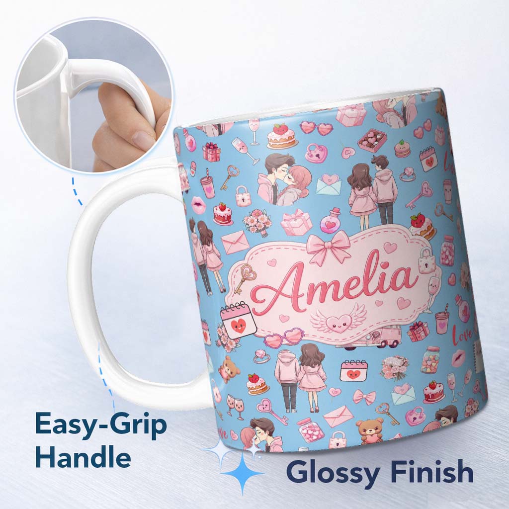 Personalized Custom Name Cute Love Couple Gifts Cakes Teddy Bear Seamless Pattern Blue Lovely 11oz Ceramic Coffee Tea Mug White Large Handle