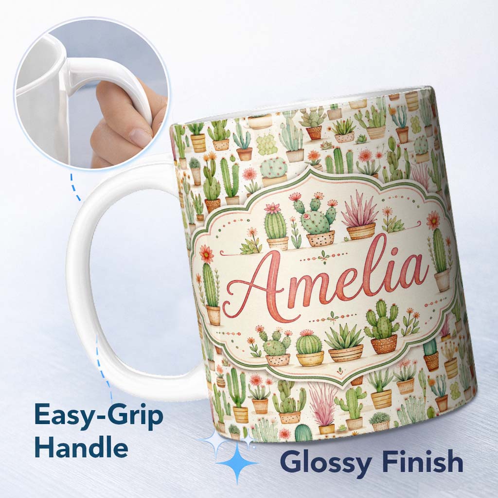 Personalized Custom Name Hand Drawn Potted Succulents Cactus Garden Seamless Pattern Design 11oz Ceramic Coffee Tea Mug White Large Handle