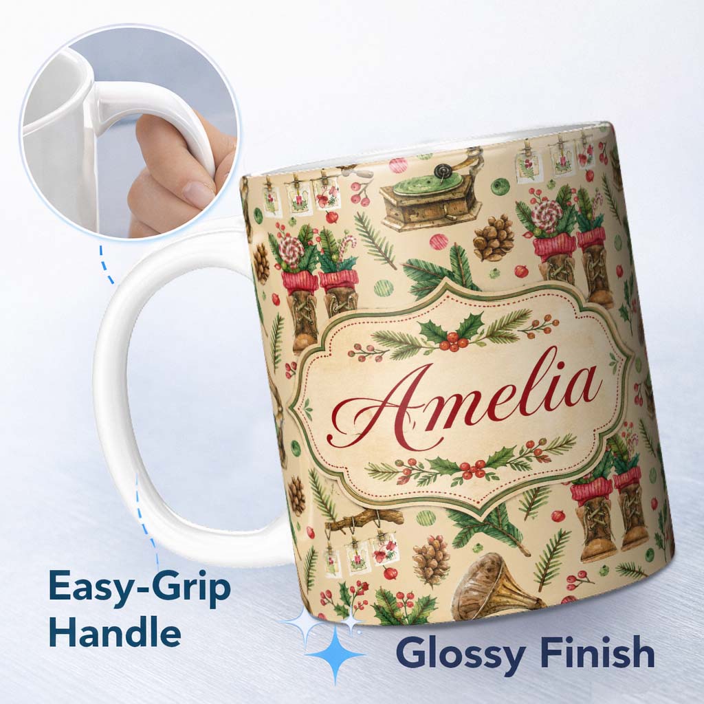 Personalized Custom Name Vintage Christmas Boots Candy Cane Gramophone Pinecone Seamless 11oz Ceramic Coffee Tea Mug White Large Handle