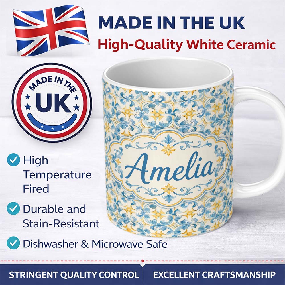 Personalized Custom Name Blue and Gold Classic Decorative Tile Pattern with Elegant Floral 11oz Ceramic Coffee Tea Mug White Large Handle