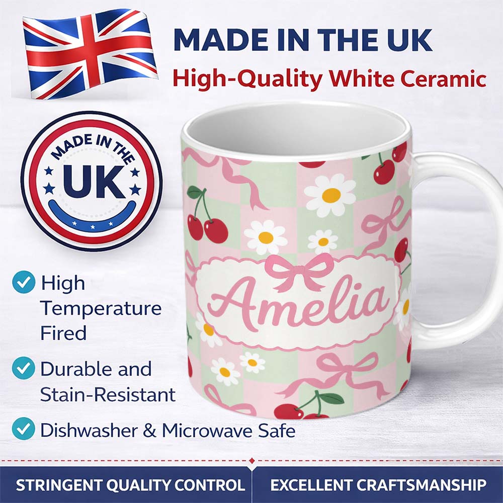Personalized Custom Name Cute Cherry Bow and Daisy Mint Gingham Seamless Pattern Lovely 11oz Ceramic Coffee Tea Mug White Large Handle