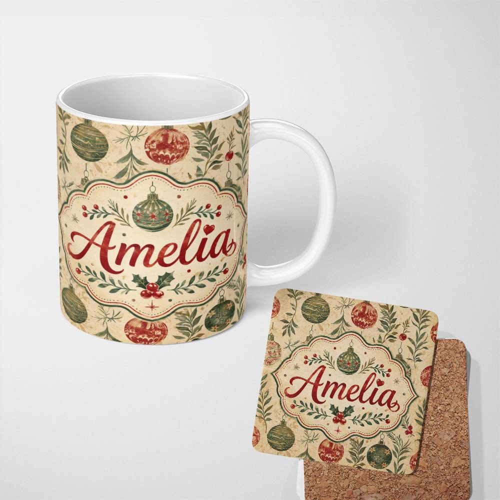 Personalized Custom Name Vintage Christmas Baubles with Leaves and Berries Classic Holiday 11oz Ceramic Coffee Tea Mug White Large Handle