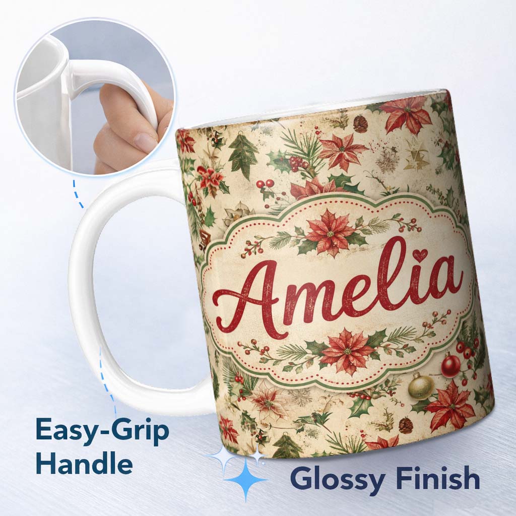Personalized Custom Name Festive Poinsettia Holly Berry Vintage Christmas Seamless Pattern 11oz Ceramic Coffee Tea Mug White Large Handle