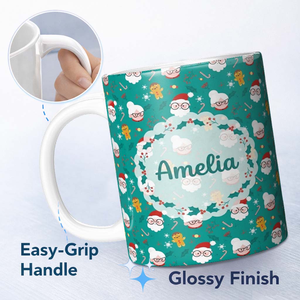 Personalized Custom Name Cute Santa Mrs Claus Gingerbread Seamless Pattern Christmas Family 11oz Ceramic Coffee Tea Mug White Large Handle