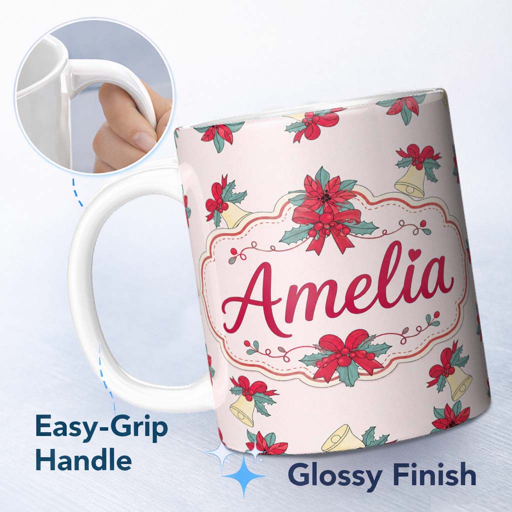 Personalized Custom Name Poinsettia Flower Bell Holly Christmas Seamless Pattern Lovely 11oz Ceramic Coffee Tea Mug White Large Handle