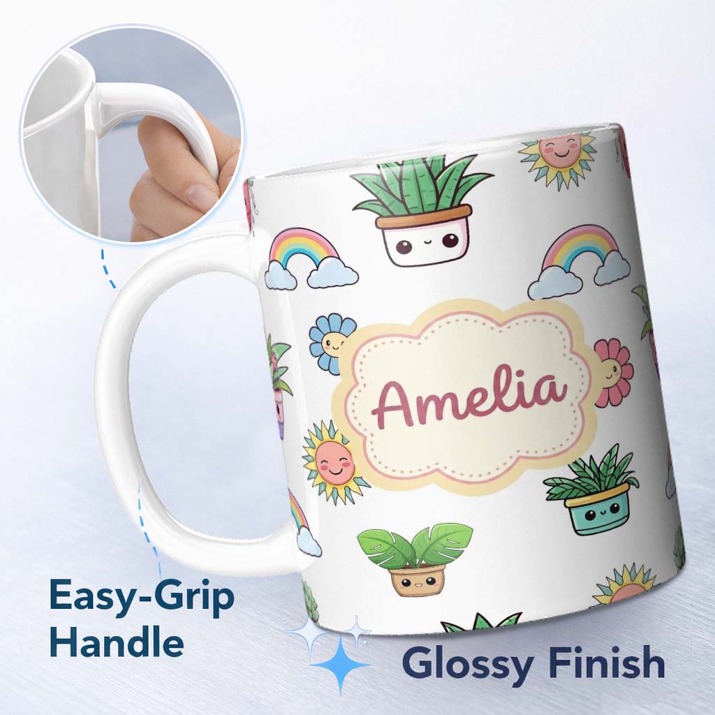 Personalized Custom Name Cute Kawaii Rainbow Sun Flowers Plant Pots Seamless Pattern Grey 11oz Ceramic Coffee Tea Mug White Large Handle