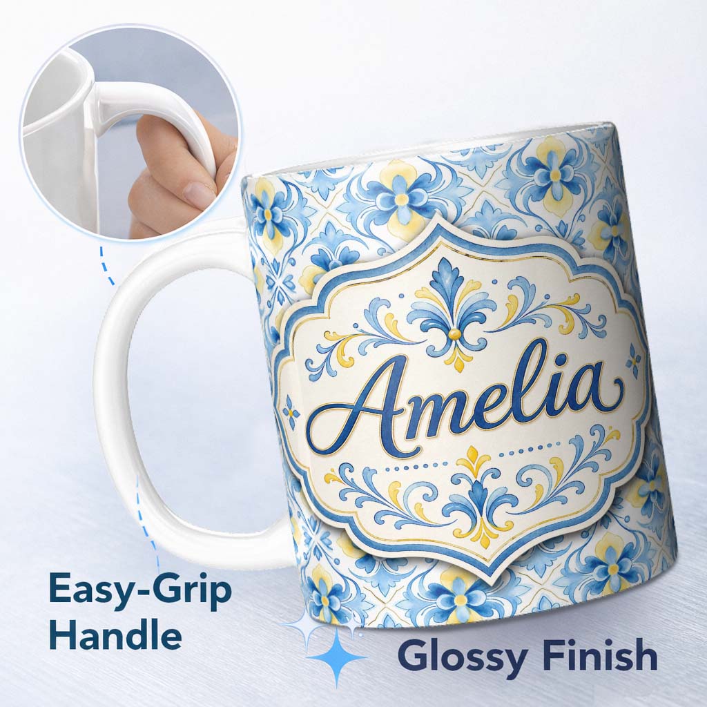 Personalized Custom Name Classic Blue Yellow Tile Floral Motif Seamless Pattern Lovely 11oz Ceramic Coffee Tea Mug White Large Handle