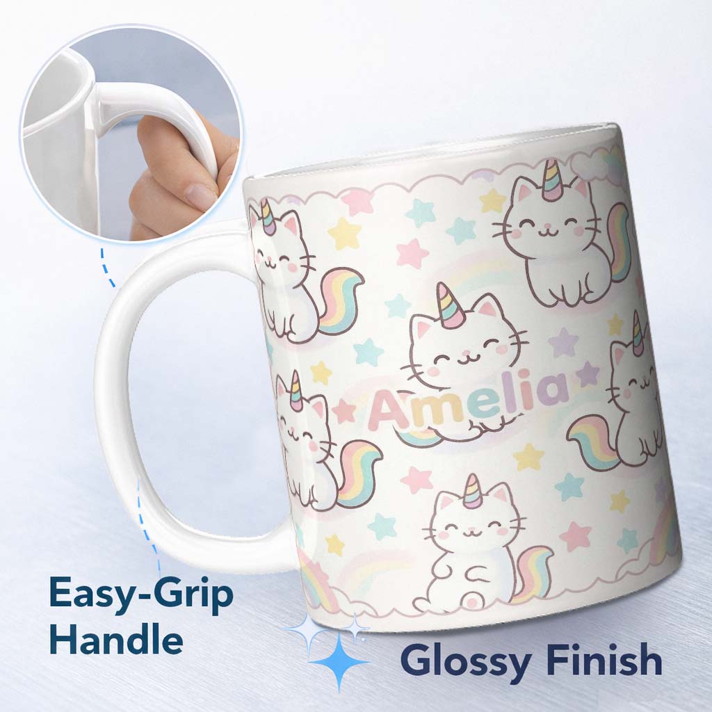 Personalized Custom Name Cute Rainbow Unicorn Cat Cartoon Animal Pattern Perfect Gift for Her 11oz Ceramic Coffee Tea Mug White Large Handle