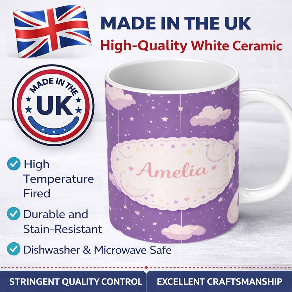 Personalized Custom Name Purple Night Sky Moon Hanging Stars Cute Seamless Pattern Lovely 11oz Ceramic Coffee Tea Mug White Large Handle