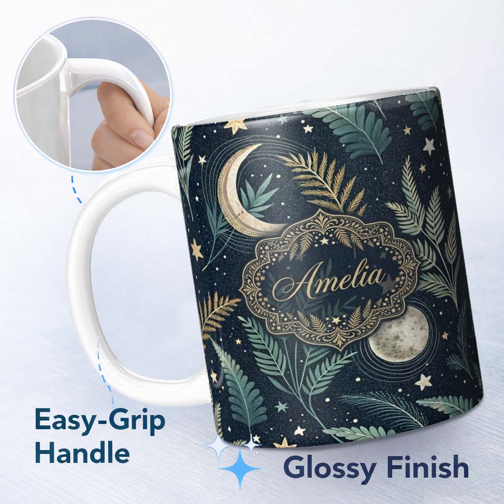 Personalized Custom Name Botanical Moon Leaves Stars Night Sky Seamless Pattern Lovely 11oz Ceramic Coffee Tea Mug White Large Handle