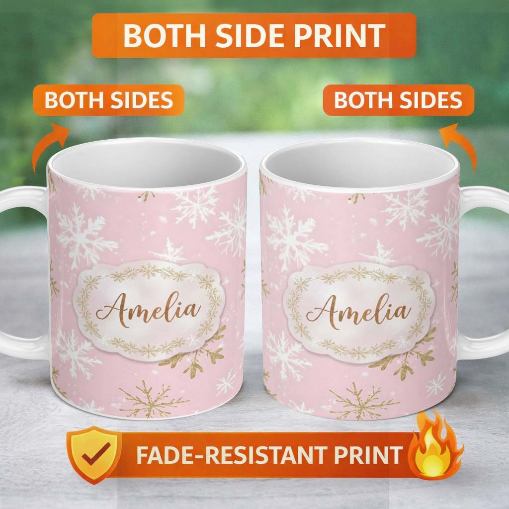 Personalized Custom Name Soft Pink Snowflake Winter Holiday Seamless Pattern Cute Unique Gift 11oz Ceramic Coffee Tea Mug White Large Handle