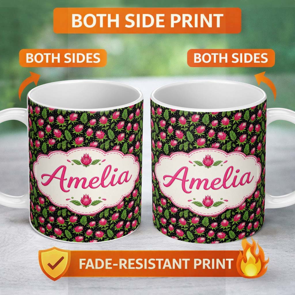 Personalized Custom Name Protea Flower and Fern Leaf Pattern on Black Background Lovely 11oz Ceramic Coffee Tea Mug White Large Handle
