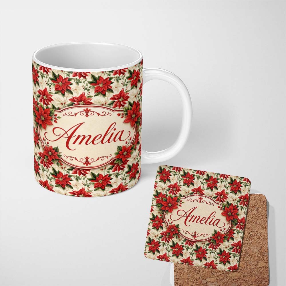 Personalized Custom Name Vintage Poinsettia Floral Cream Background Christmas Botanical Print 11oz Ceramic Coffee Tea Mug White Large Handle