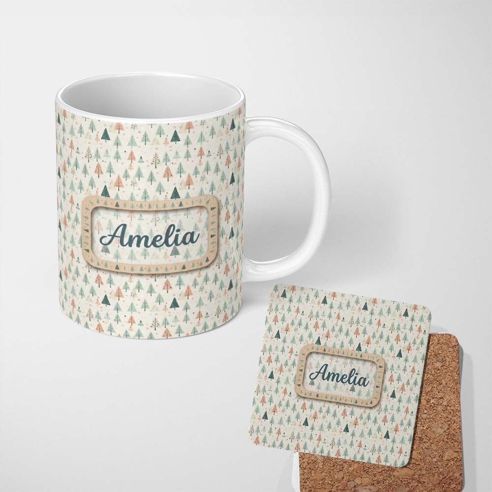 Personalized Custom Name Pastel Christmas Trees Scandinavian Neutral Seamless Pattern Lovely 11oz Ceramic Coffee Tea Mug White Large Handle
