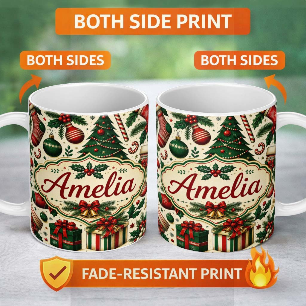 Personalized Custom Name Classic Christmas Tree Gift Holly Berry Festive Seamless Pattern 11oz Ceramic Coffee Tea Mug White Large Handle