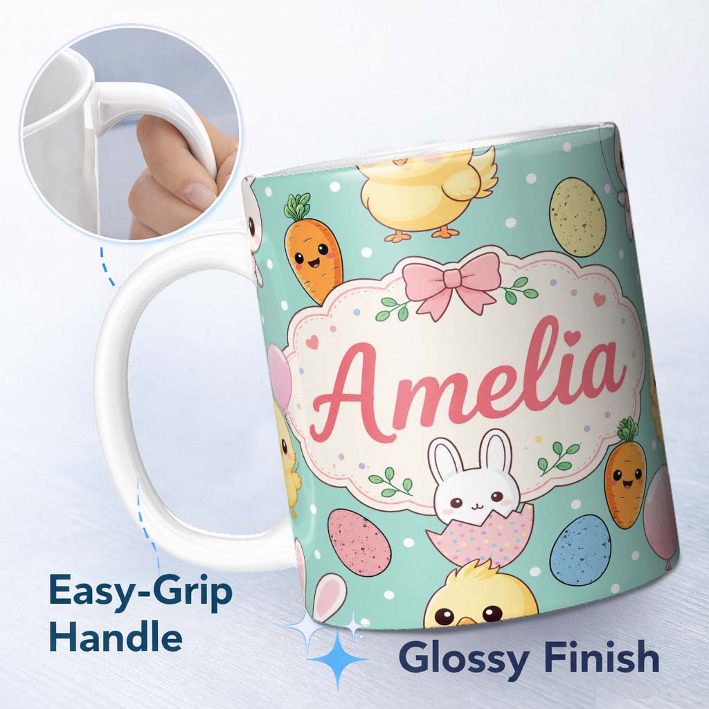 Personalized Custom Name Cute Easter Bunny Chick Carrots Eggs Polka Dot Seamless Pattern Mint 11oz Ceramic Coffee Tea Mug White Large Handle