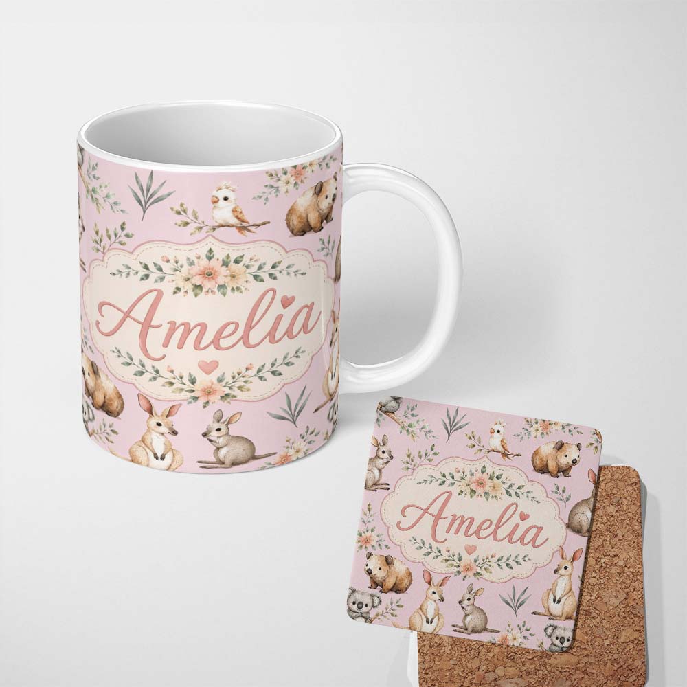 Personalized Custom Name Cute Woodland Animals Koala Kangaroo Bear Floral Pattern Mauve 11oz Ceramic Coffee Tea Mug White Large Handle