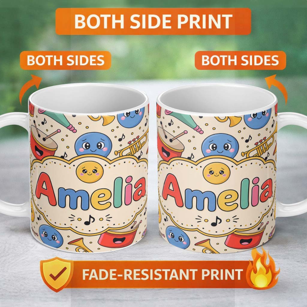 Personalized Custom Name Cute Musical Instruments Notes Cartoon Fun Seamless Pattern Lovely 11oz Ceramic Coffee Tea Mug White Large Handle