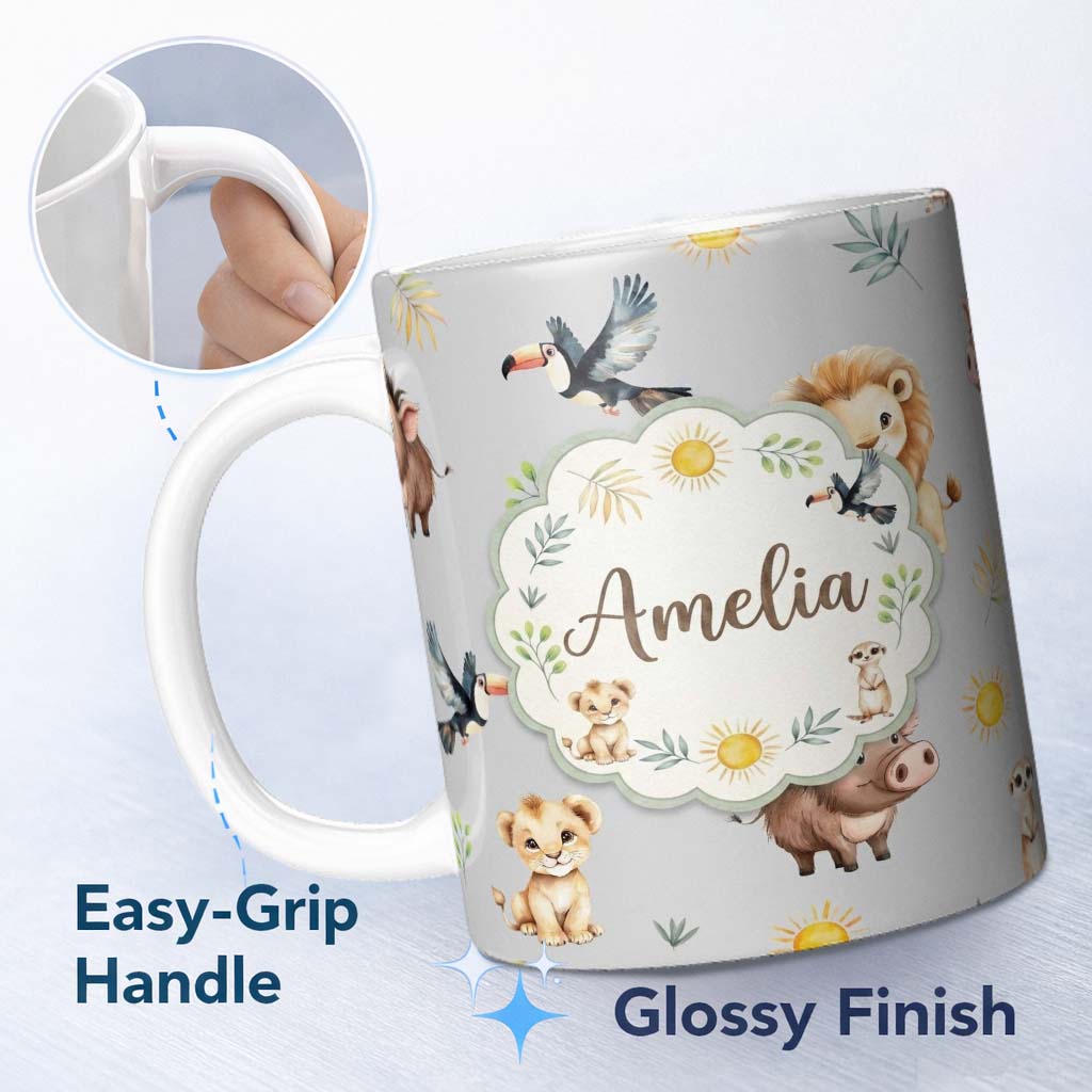 Personalized Custom Name Jungle Animals Lion Meerkat Toucan Boar on Grey Seamless Pattern 11oz Ceramic Coffee Tea Mug White Large Handle