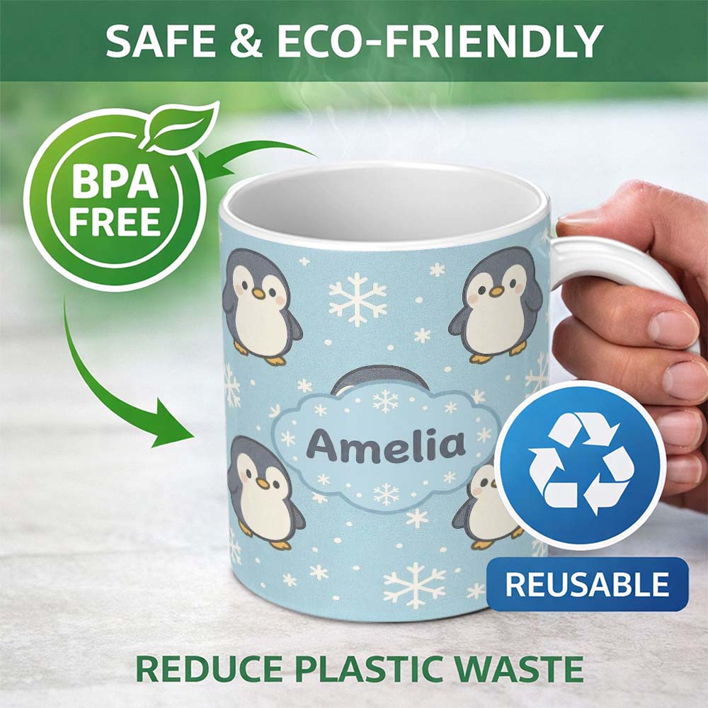 Personalized Custom Name Cute Winter Penguin Cartoon Animal Pattern Perfect Gift for Her 11oz Ceramic Coffee Tea Mug White Large Handle