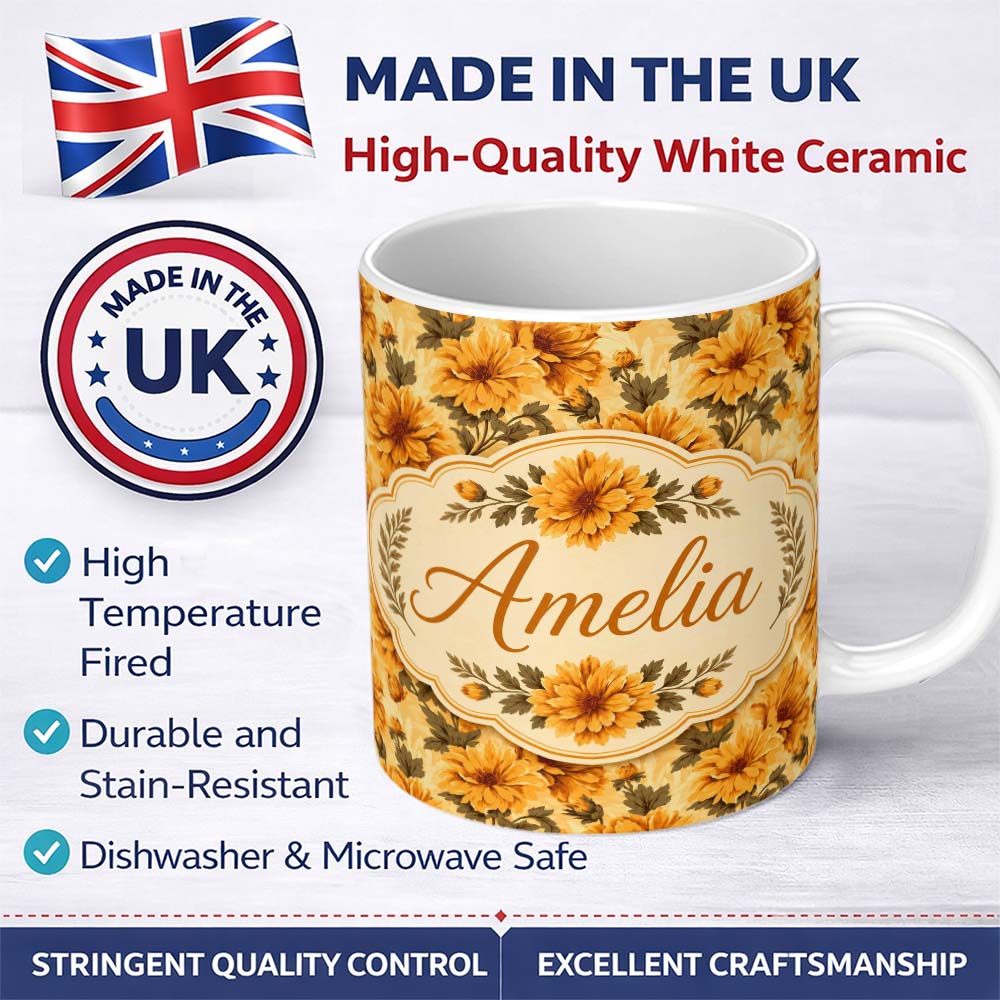 Personalized Custom Name Vintage Yellow Floral Botanical Seamless Pattern on Cream Lovely 11oz Ceramic Coffee Tea Mug White Large Handle