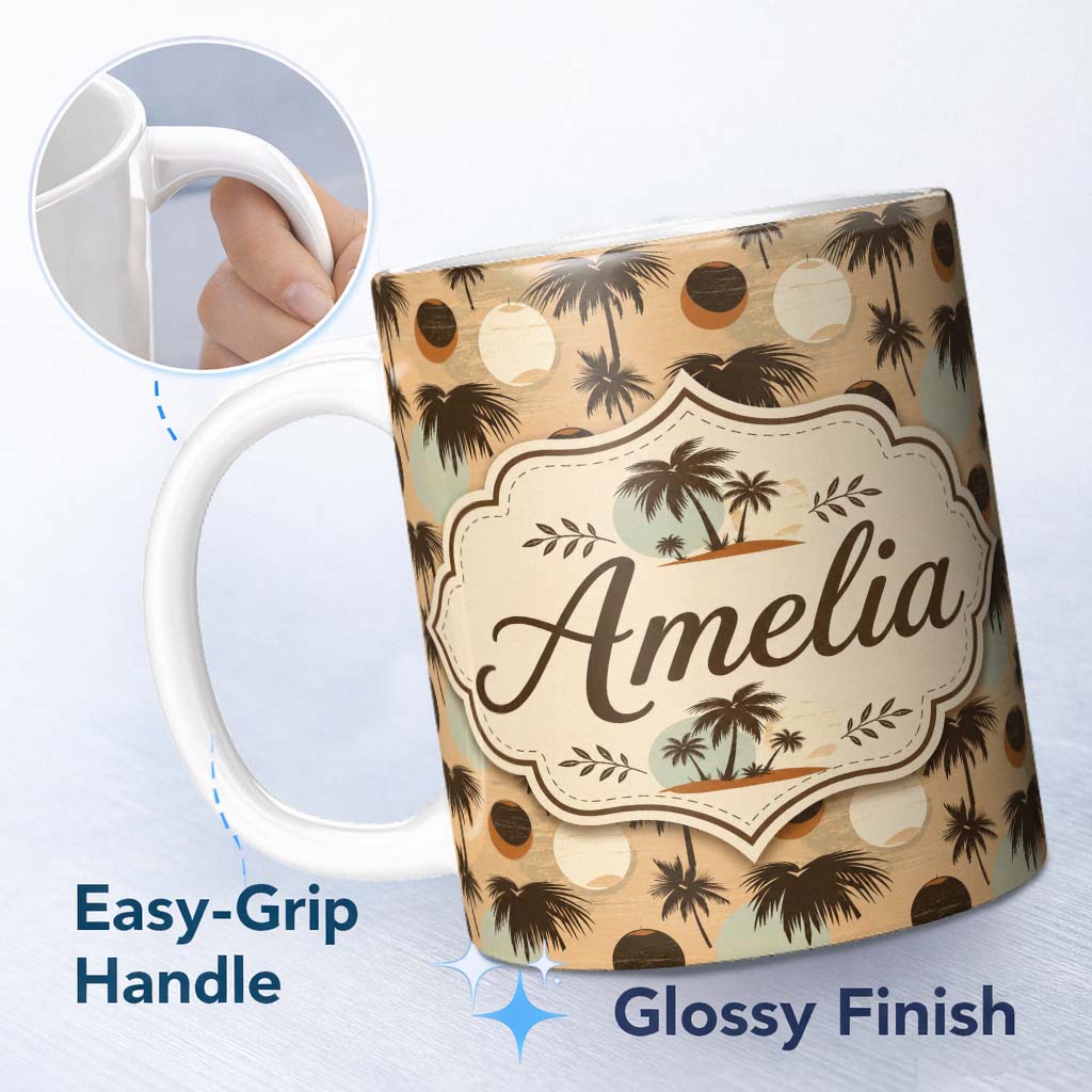 Personalized Custom Name Tropical Palm Trees and Abstract Sun Circles Neutral Beige Coastal 11oz Ceramic Coffee Tea Mug White Large Handle