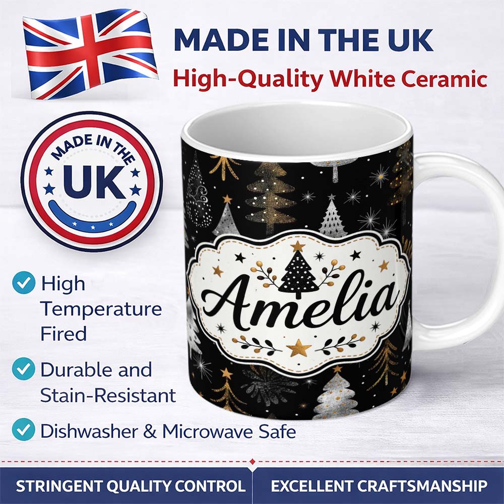 Personalized Custom Name Luxury Christmas Trees Black Gold Silver Glitter Stars Seamless 11oz Ceramic Coffee Tea Mug White Large Handle