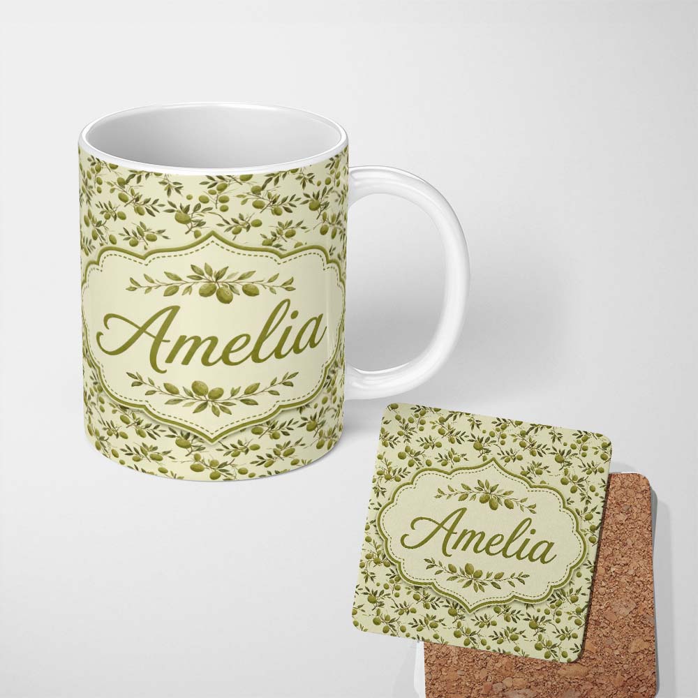 Personalized Custom Name Classic Olive Tree Branches Vintage Style Seamless Pattern Lovely 11oz Ceramic Coffee Tea Mug White Large Handle