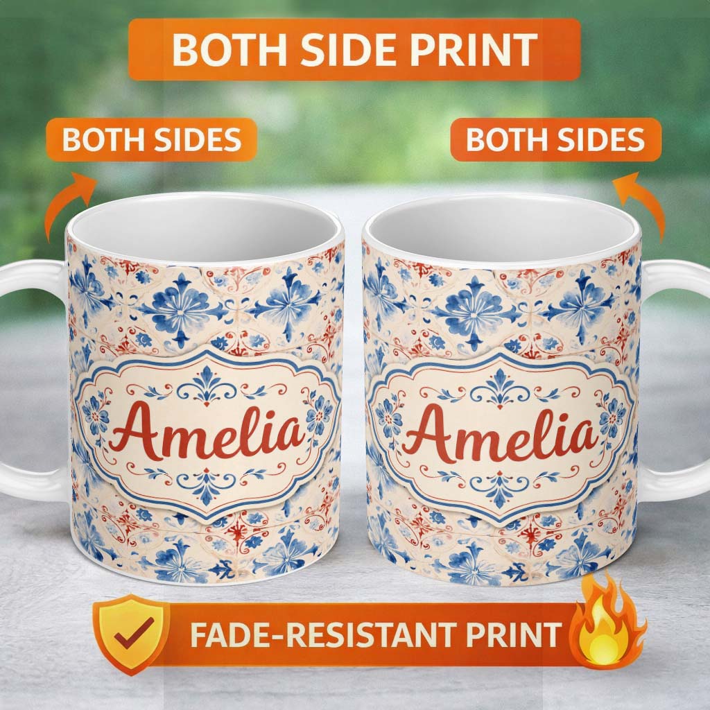 Personalized Custom Name Bold Vintage Tile Red Navy Ornamental Seamless Pattern Lovely 11oz Ceramic Coffee Tea Mug White Large Handle