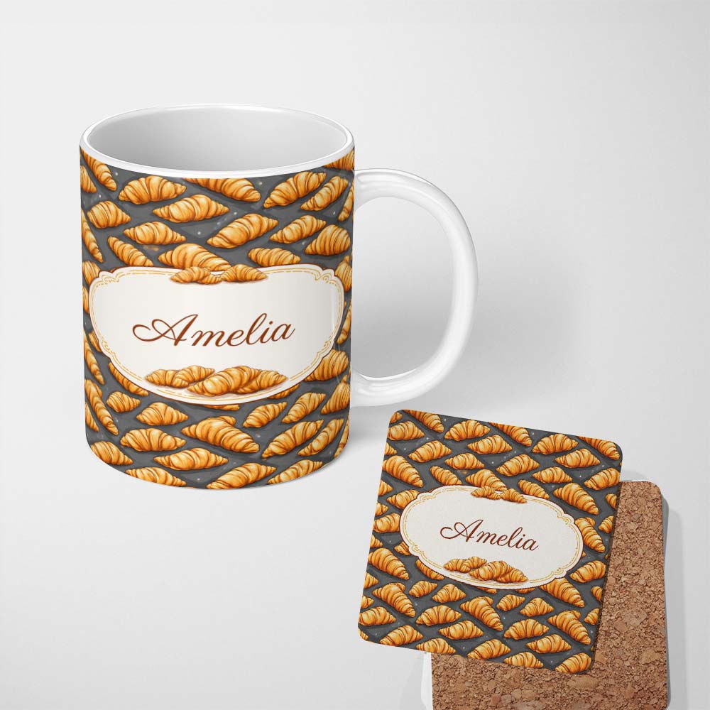 Personalized Custom Name Classic Croissant on Dark Blue Background Repeating Seamless Pattern 11oz Ceramic Coffee Tea Mug White Large Handle