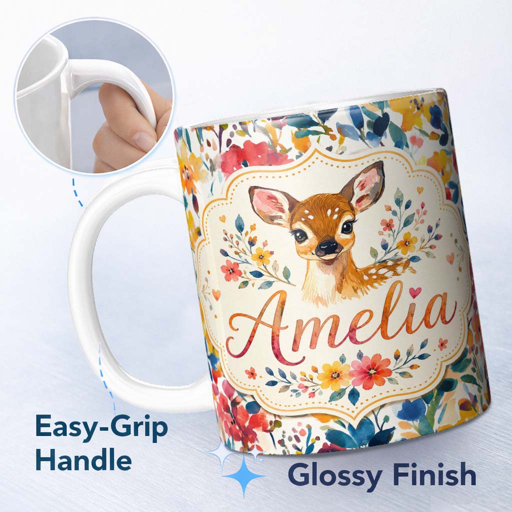 Personalized Custom Name Watercolor Baby Deer Fawn with Colorful Floral Botanical Background 11oz Ceramic Coffee Tea Mug White Large Handle