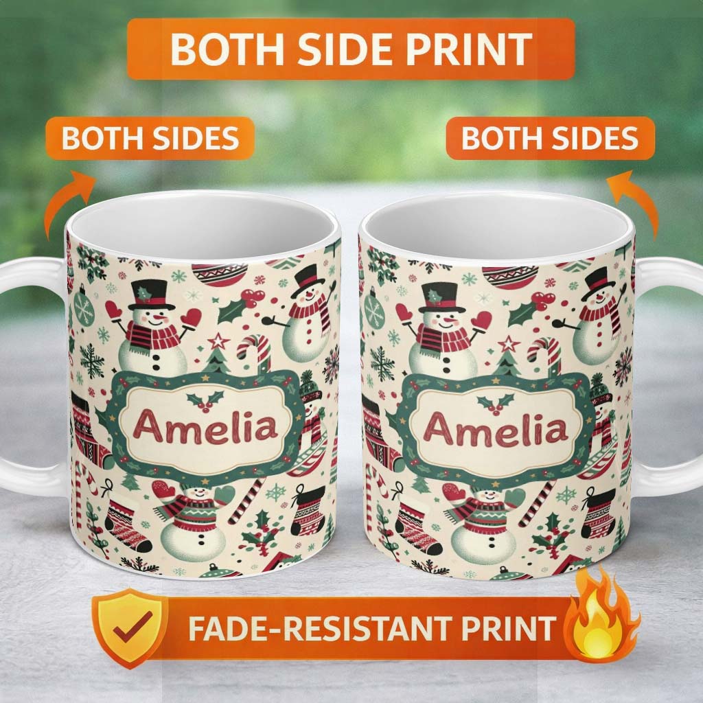 Personalized Custom Name Cute Snowman Candy Cane Christmas Tree Festive Seamless Pattern 11oz Ceramic Coffee Tea Mug White Large Handle