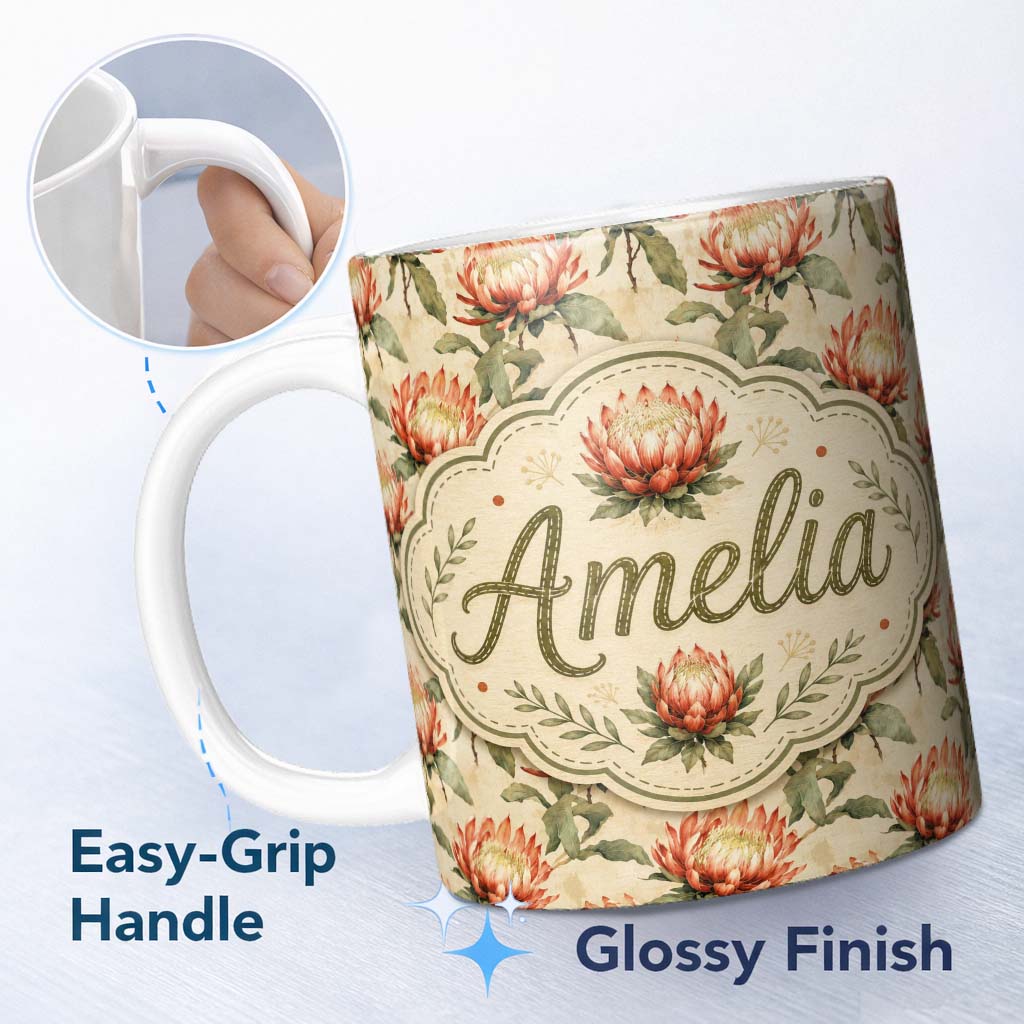 Personalized Custom Name Vintage Style Protea Flowers on Neutral Background Seamless Pattern 11oz Ceramic Coffee Tea Mug White Large Handle