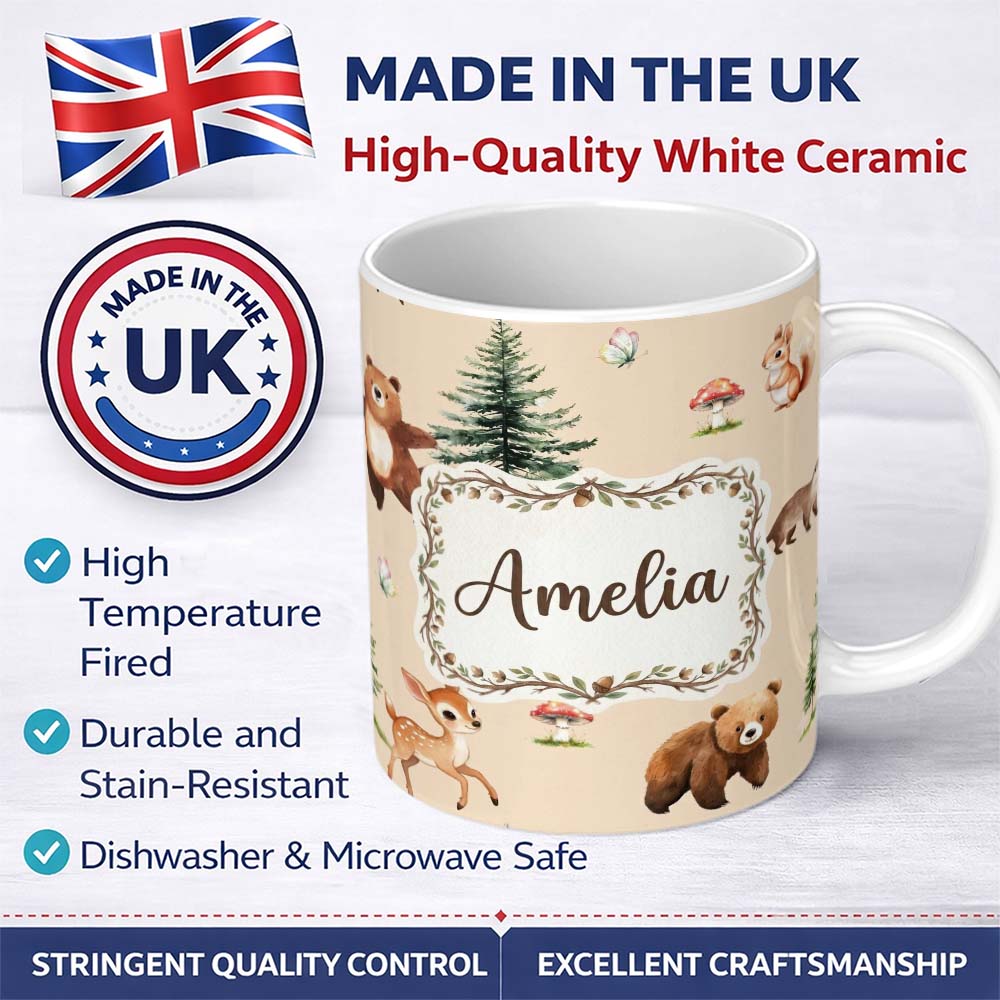 Personalized Custom Name Forest Animals Bear Bunny Squirrel Trees on Warm Beige Seamless 11oz Ceramic Coffee Tea Mug White Large Handle