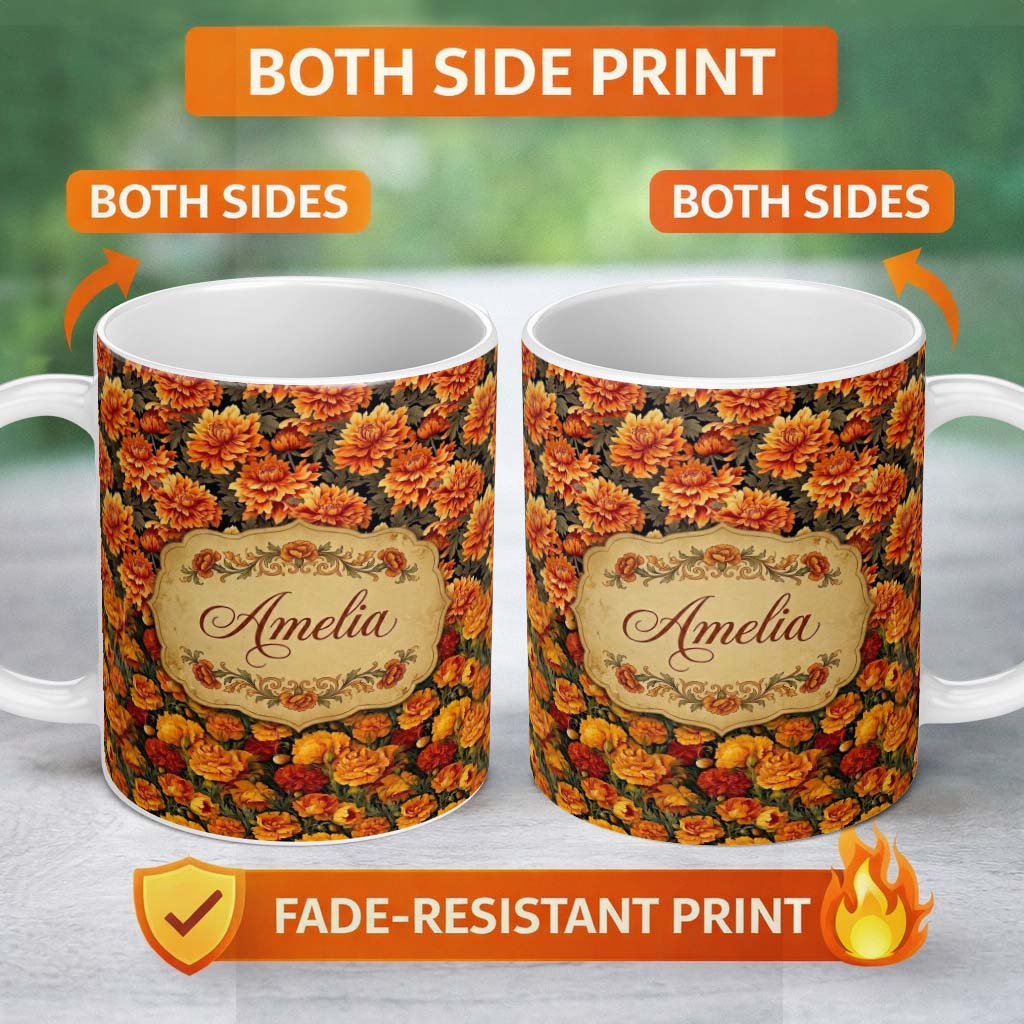 Personalized Custom Name Rich Autumn Floral Pattern with Orange and Rust Chrysanthemums in 11oz Ceramic Coffee Tea Mug White Large Handle