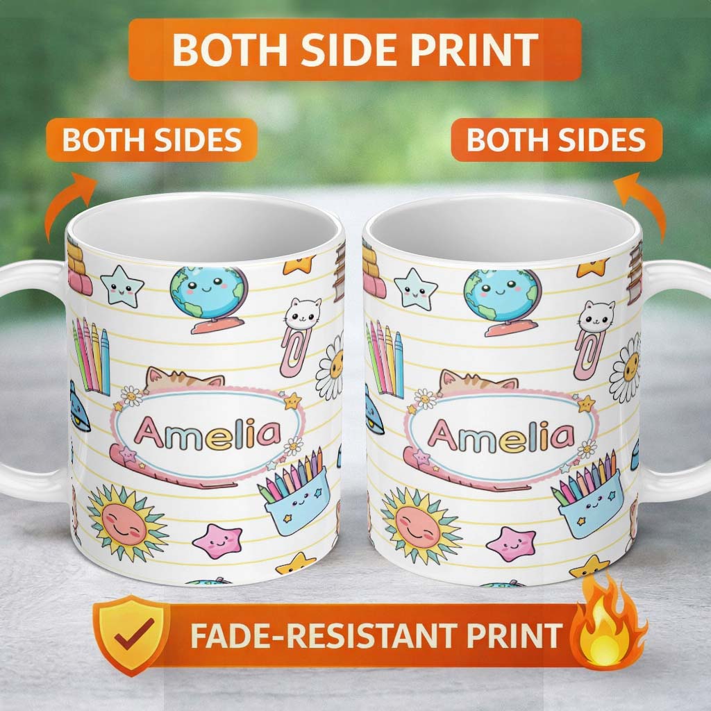 Personalized Custom Name Cute Kawaii School Cat Books Stationery Pattern Yellow Lines Lovely 11oz Ceramic Coffee Tea Mug White Large Handle