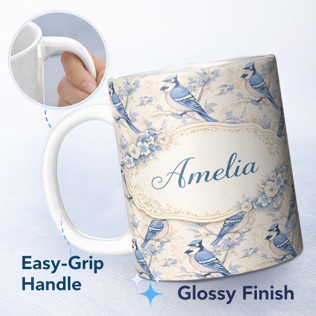 Personalized Custom Name Vintage Blue Jay Bird Floral Toile Classic Botanical Nature Design 11oz Ceramic Coffee Tea Mug White Large Handle