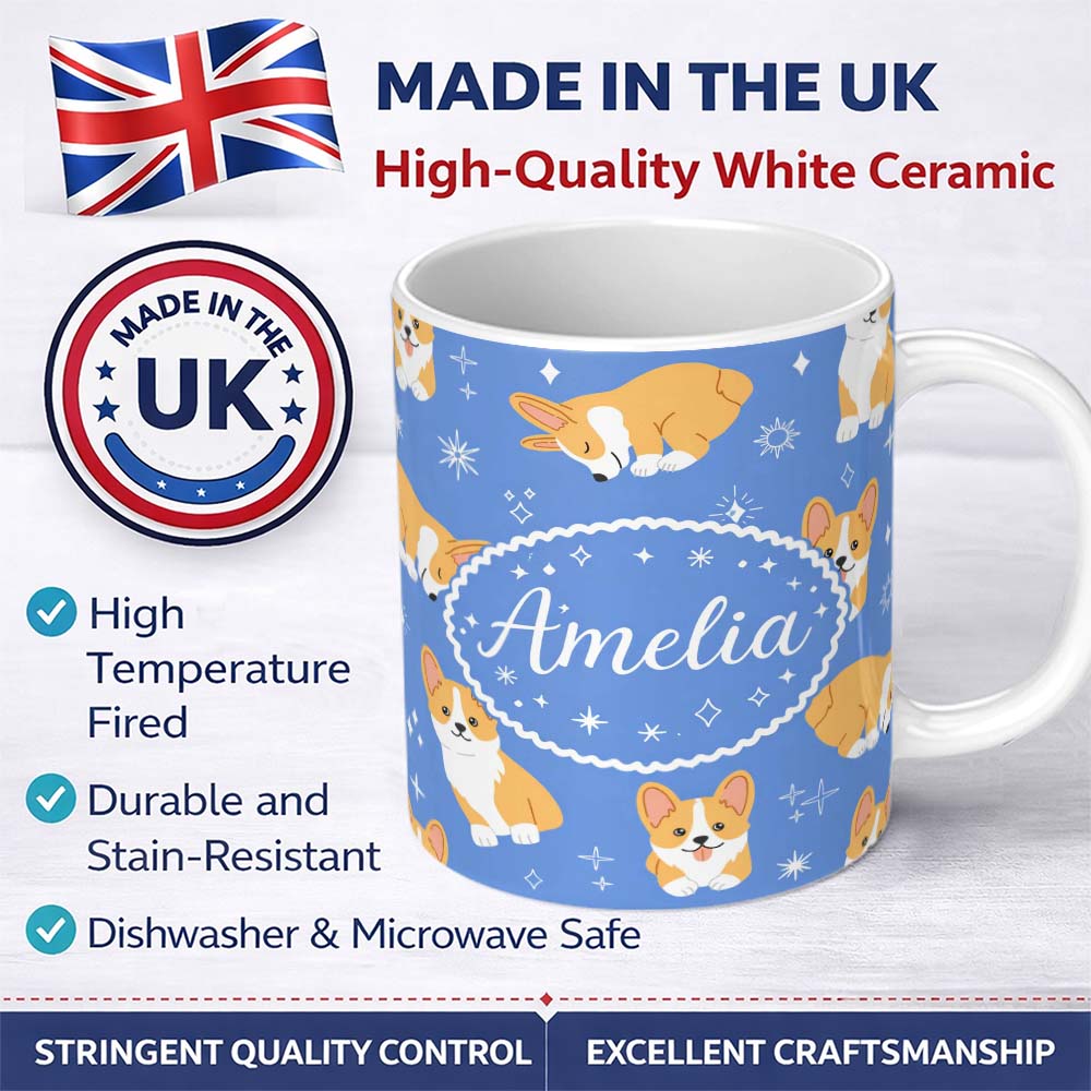 Personalized Custom Name Cute Corgi Dogs Stars Blue Background Seamless Pattern Lovely 11oz Ceramic Coffee Tea Mug White Large Handle