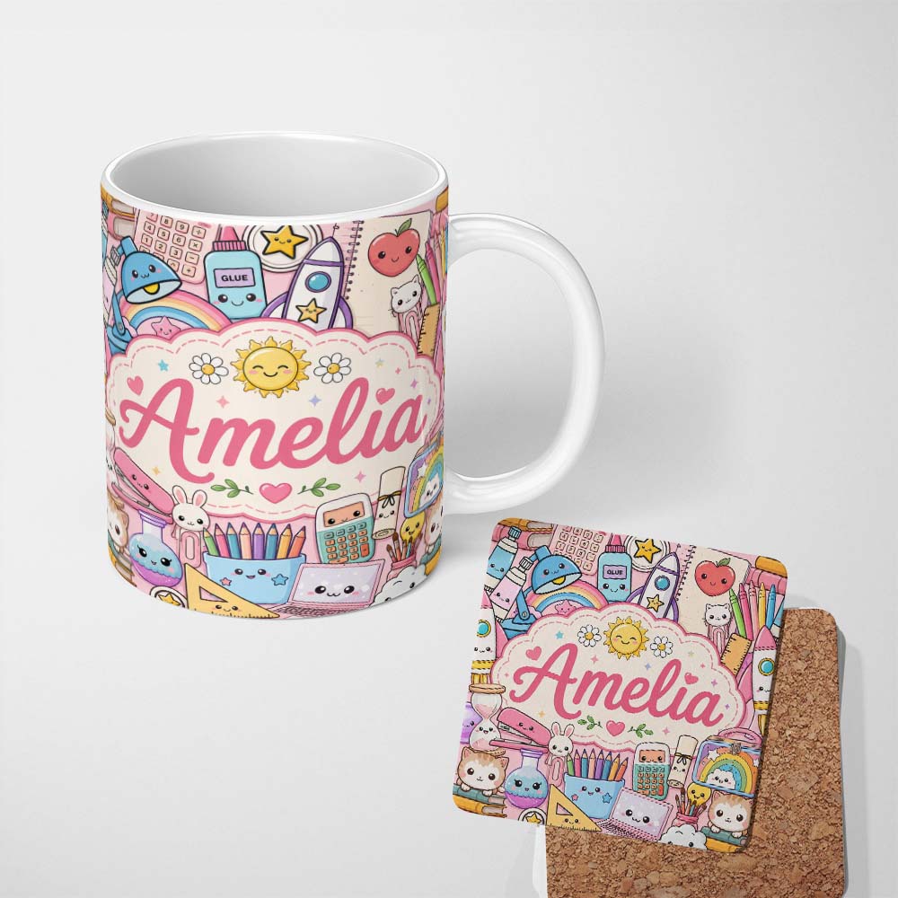 Personalized Custom Name Cute Kawaii School Supplies Science Art Cute Pattern Pink Background 11oz Ceramic Coffee Tea Mug White Large Handle