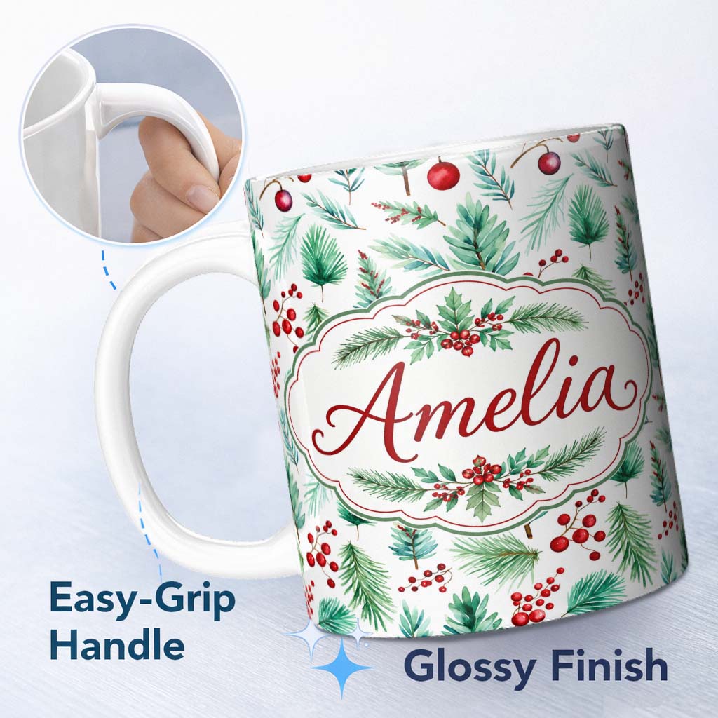 Personalized Custom Name Watercolor Pine Branches Red Berries Christmas Foliage Seamless 11oz Ceramic Coffee Tea Mug White Large Handle