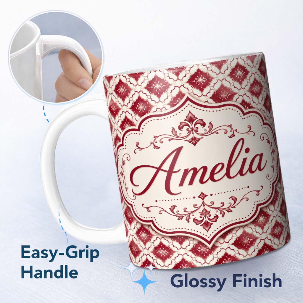 Personalized Custom Name Geometric Red Tile Moroccan Style Seamless Pattern Cute Unique Gift 11oz Ceramic Coffee Tea Mug White Large Handle