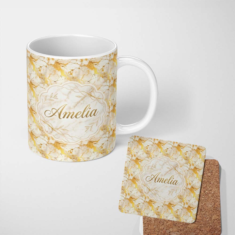 Personalized Custom Name White Gold Floral Marble Abstract Seamless Pattern Luxury Texture 11oz Ceramic Coffee Tea Mug White Large Handle