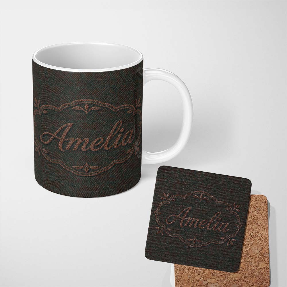 Personalized Custom Name Dark Green Textured Herringbone Style Seamless Pattern Lovely 11oz Ceramic Coffee Tea Mug White Large Handle
