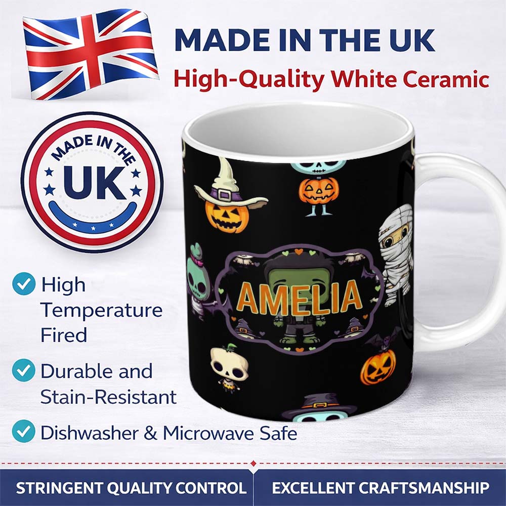 Personalized Custom Name Cute Halloween Characters Pumpkin Skull Mummy Seamless Pattern White 11oz Ceramic Coffee Tea Mug White Large Handle