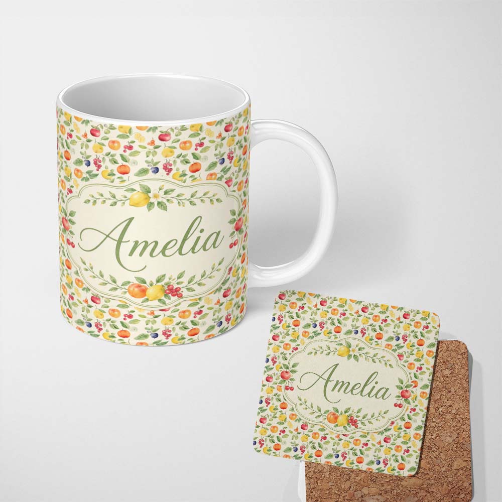 Personalized Custom Name Fresh Citrus Kiwi and Apple Fruit Seamless Pattern Cute Unique Gift 11oz Ceramic Coffee Tea Mug White Large Handle