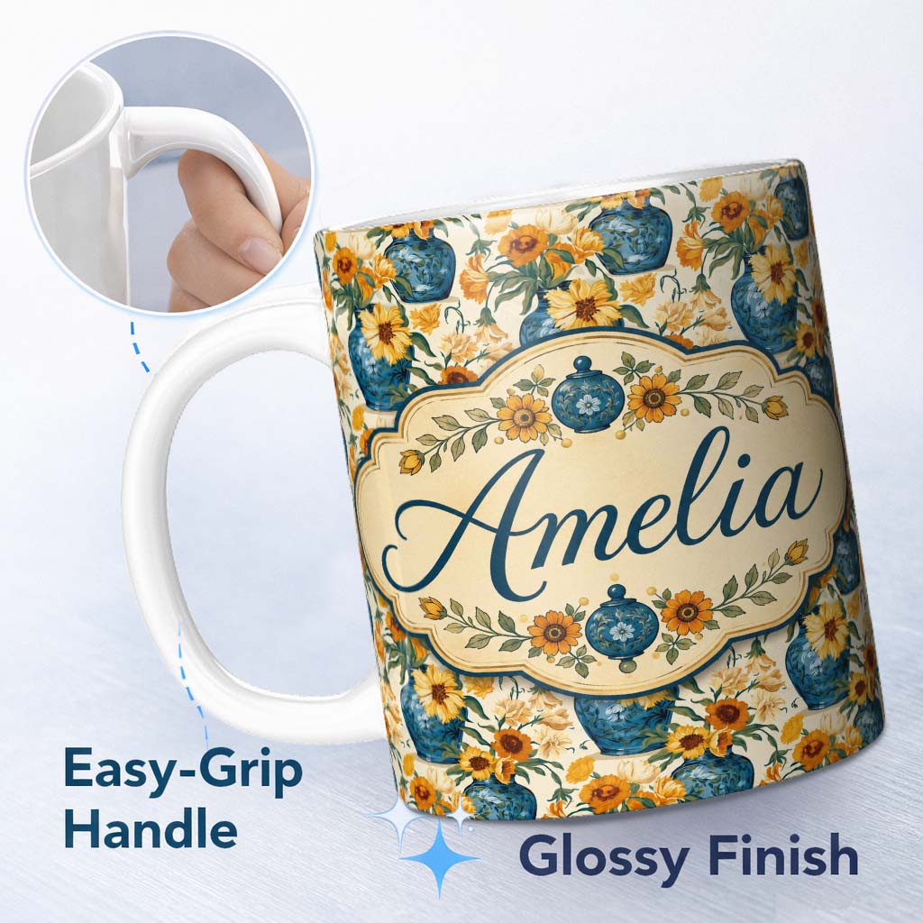Personalized Custom Name Blue Vase with Orange Flowers Seamless Pattern Artistic Floral Decor 11oz Ceramic Coffee Tea Mug White Large Handle